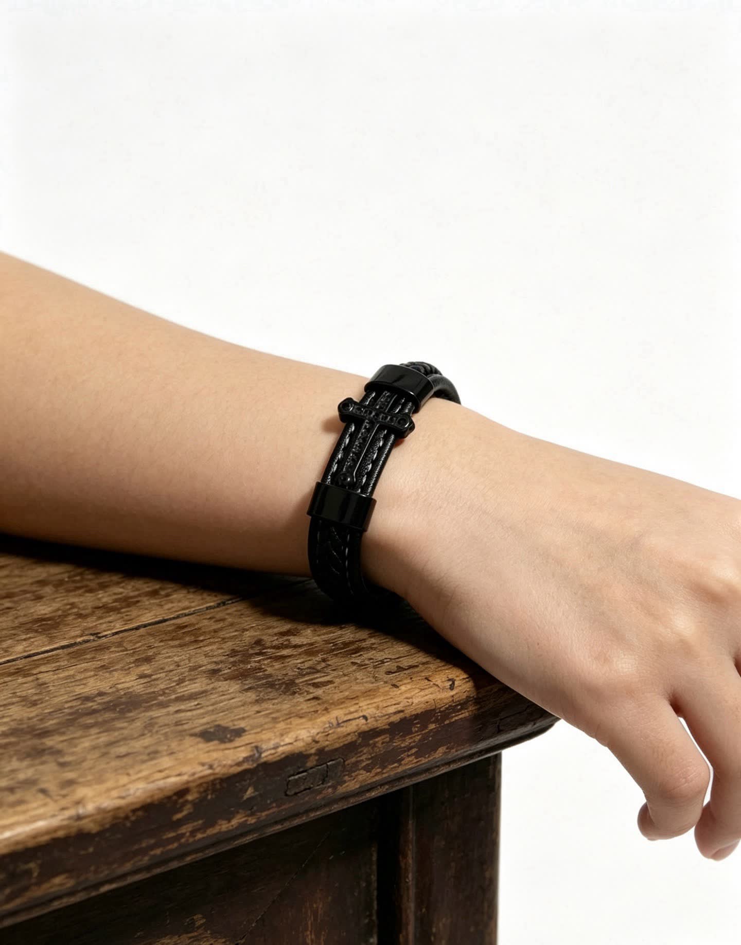 Chrome Hearts Black Leather Bracelet with Cross Clasp